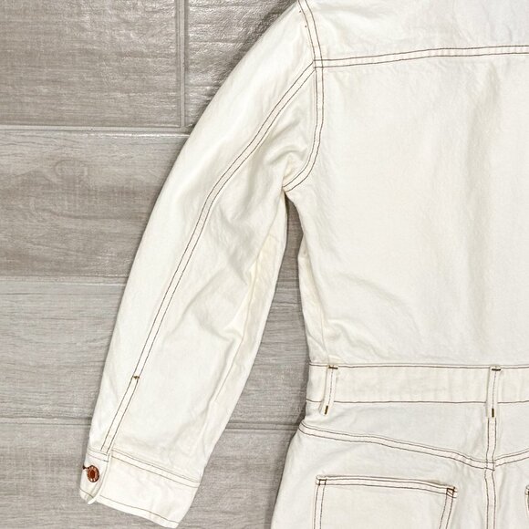 Zara Cotton Denim Jumpsuit Boilersuit with Contrast Topstitching in Ecru Size XS - Picture 12 of 16
